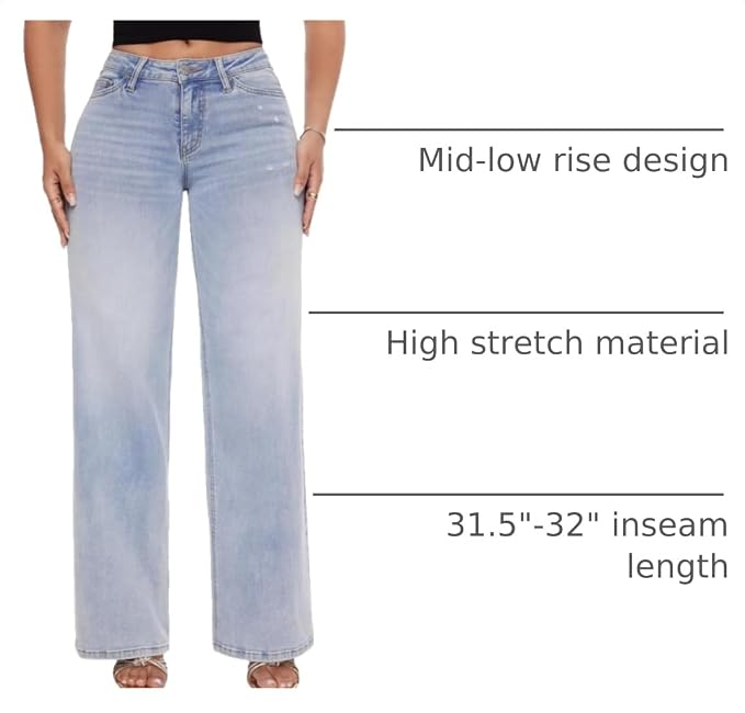 Mid-Low Rise Baggy Jeans Wide Leg for Women Distressed Pants Stretchy Bottom Lady Basic Comfortable Denim