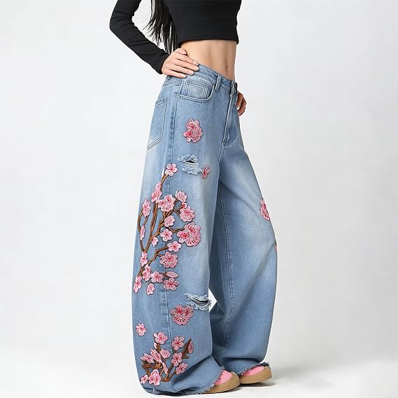 Baggy Women’s Wide Leg Jeans High Waisted Baggy Denim Pants Loose Fit Y2K Graphic Jeans Black