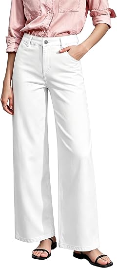 Mid-Low Rise Baggy Jeans Wide Leg for Women Distressed Pants Stretchy Bottom Lady Basic Comfortable Denim