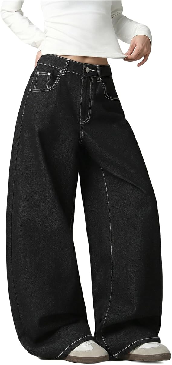 Baggy Women’s Wide Leg Jeans High Waisted Baggy Denim Pants Loose Fit Y2K Graphic Jeans Black
