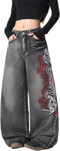 Baggy Women’s Wide Leg Jeans High Waisted Baggy Denim Pants Loose Fit Y2K Graphic Jeans Black