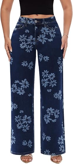 Mid-Low Rise Baggy Jeans Wide Leg for Women Distressed Pants Stretchy Bottom Lady Basic Comfortable Denim
