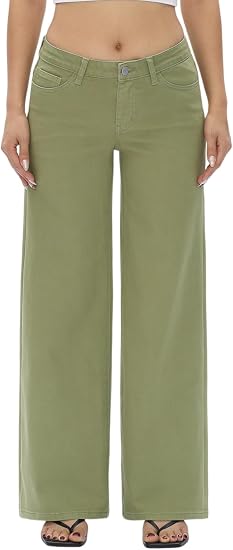 Mid-Low Rise Baggy Jeans Wide Leg for Women Distressed Pants Stretchy Bottom Lady Basic Comfortable Denim