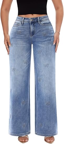 Mid-Low Rise Baggy Jeans Wide Leg for Women Distressed Pants Stretchy Bottom Lady Basic Comfortable Denim