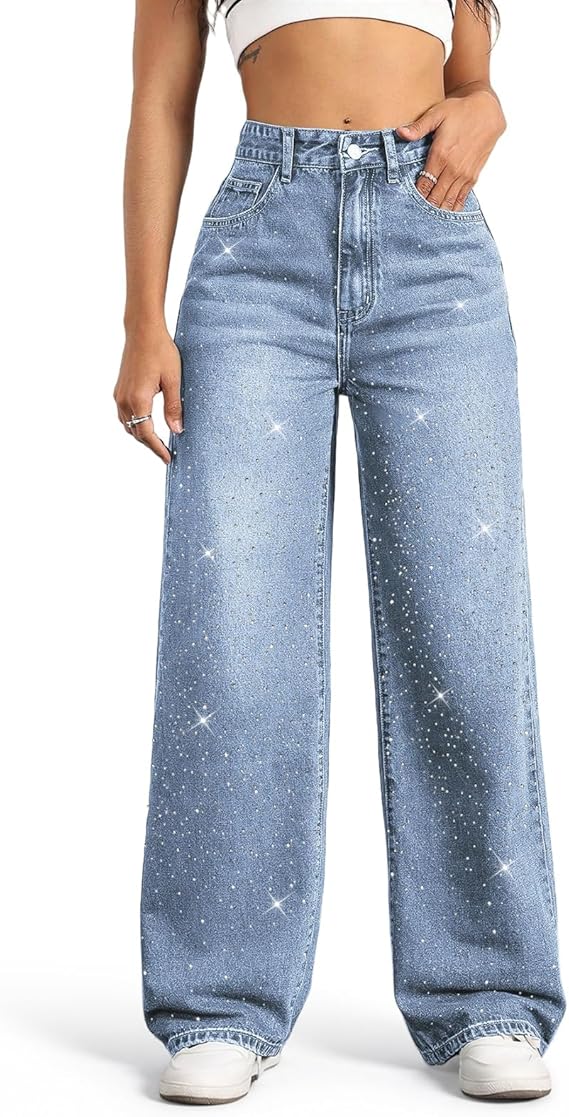 Straight Leg Jeans for Women,High Waisted Wide Leg Loose Stretchy Boyfriend Denim Pants Baggy Jeans for Women