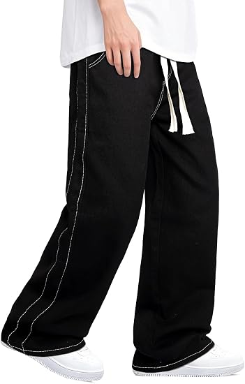 Mens Baggy Jeans Elastic Waisted Denim Pants for Men with Drawstring Streetwear
