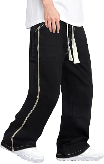 Mens Baggy Jeans Elastic Waisted Denim Pants for Men with Drawstring Streetwear