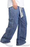 Mens Baggy Jeans Elastic Waisted Denim Pants for Men with Drawstring Streetwear