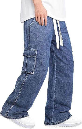 Mens Baggy Jeans Elastic Waisted Denim Pants for Men with Drawstring Streetwear