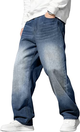 Mens Baggy Jeans Wide Leg Y2K Loose Fit Denim Pants | Vintage Relaxed Loose Fit, Stretch, Straight Leg, Skater Streetwear, 5 Pockets, Casual Carpenter Jean, Hip Hop
