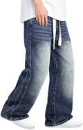 Mens Baggy Jeans Elastic Waisted Denim Pants for Men with Drawstring Streetwear