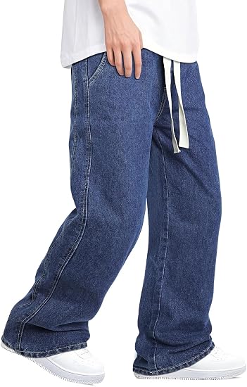Mens Baggy Jeans Elastic Waisted Denim Pants for Men with Drawstring Streetwear