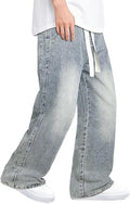 Mens Baggy Jeans Elastic Waisted Denim Pants for Men with Drawstring Streetwear