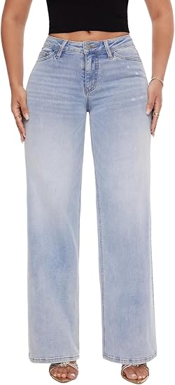 Mid-Low Rise Baggy Jeans Wide Leg for Women Distressed Pants Stretchy Bottom Lady Basic Comfortable Denim