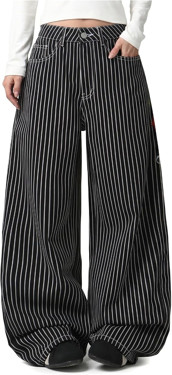 Baggy Women’s Wide Leg Jeans High Waisted Baggy Denim Pants Loose Fit Y2K Graphic Jeans Black