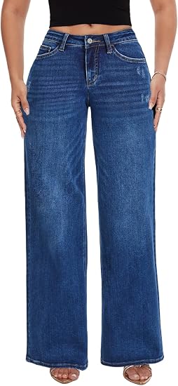 Mid-Low Rise Baggy Jeans Wide Leg for Women Distressed Pants Stretchy Bottom Lady Basic Comfortable Denim