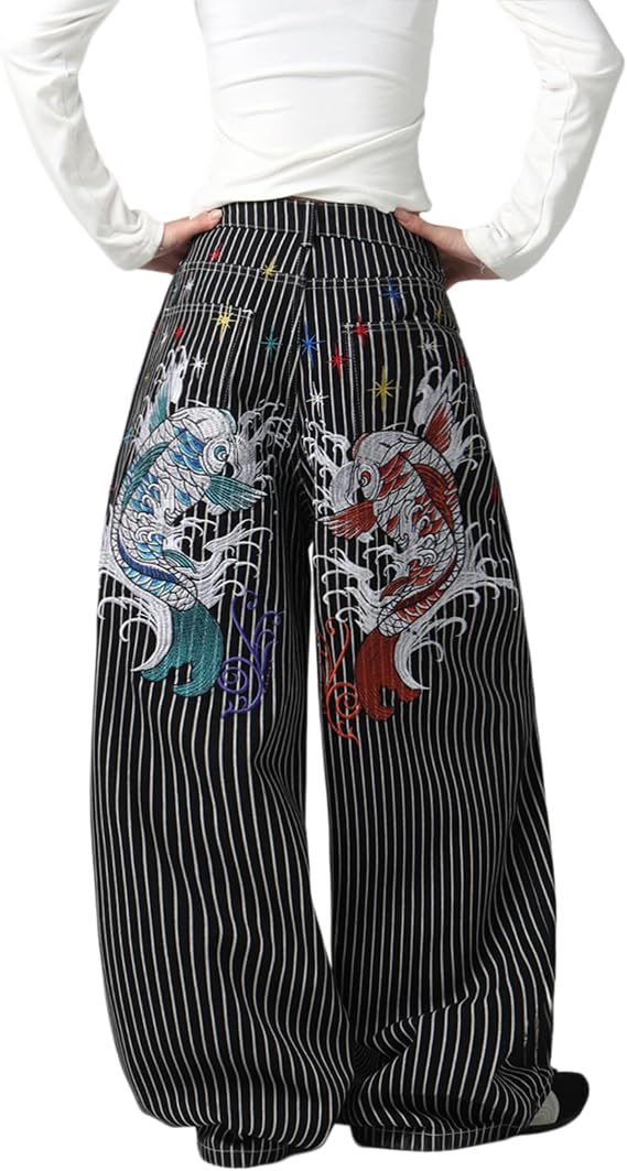Baggy Women’s Wide Leg Jeans High Waisted Baggy Denim Pants Loose Fit Y2K Graphic Jeans Black