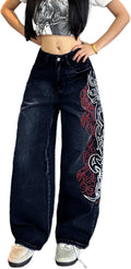 Baggy Women’s Wide Leg Jeans High Waisted Baggy Denim Pants Loose Fit Y2K Graphic Jeans Black