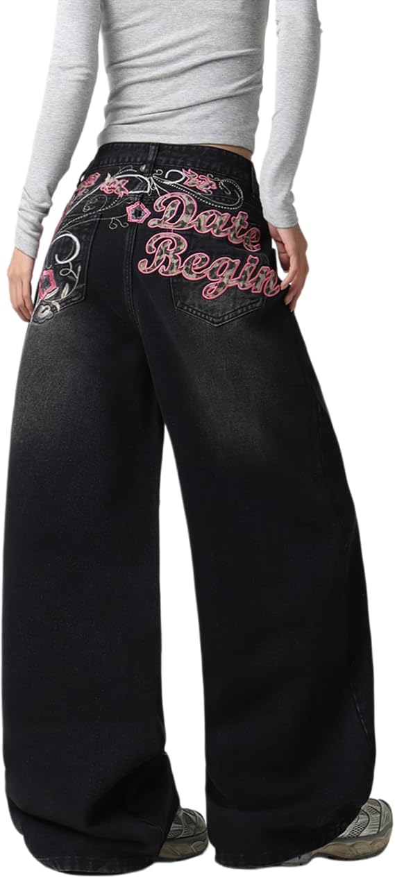 Baggy Women’s Wide Leg Jeans High Waisted Baggy Denim Pants Loose Fit Y2K Graphic Jeans Black
