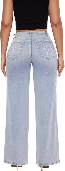 Mid-Low Rise Baggy Jeans Wide Leg for Women Distressed Pants Stretchy Bottom Lady Basic Comfortable Denim