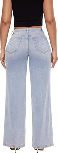 Mid-Low Rise Baggy Jeans Wide Leg for Women Distressed Pants Stretchy Bottom Lady Basic Comfortable Denim