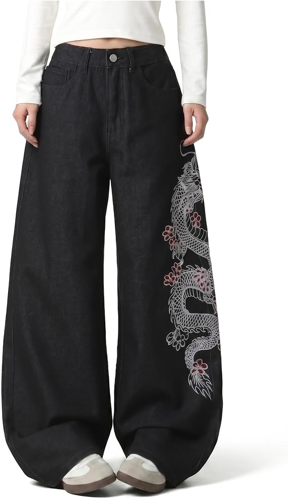 Baggy Women’s Wide Leg Jeans High Waisted Baggy Denim Pants Loose Fit Y2K Graphic Jeans Black