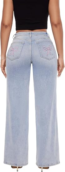 Mid-Low Rise Baggy Jeans Wide Leg for Women Distressed Pants Stretchy Bottom Lady Basic Comfortable Denim