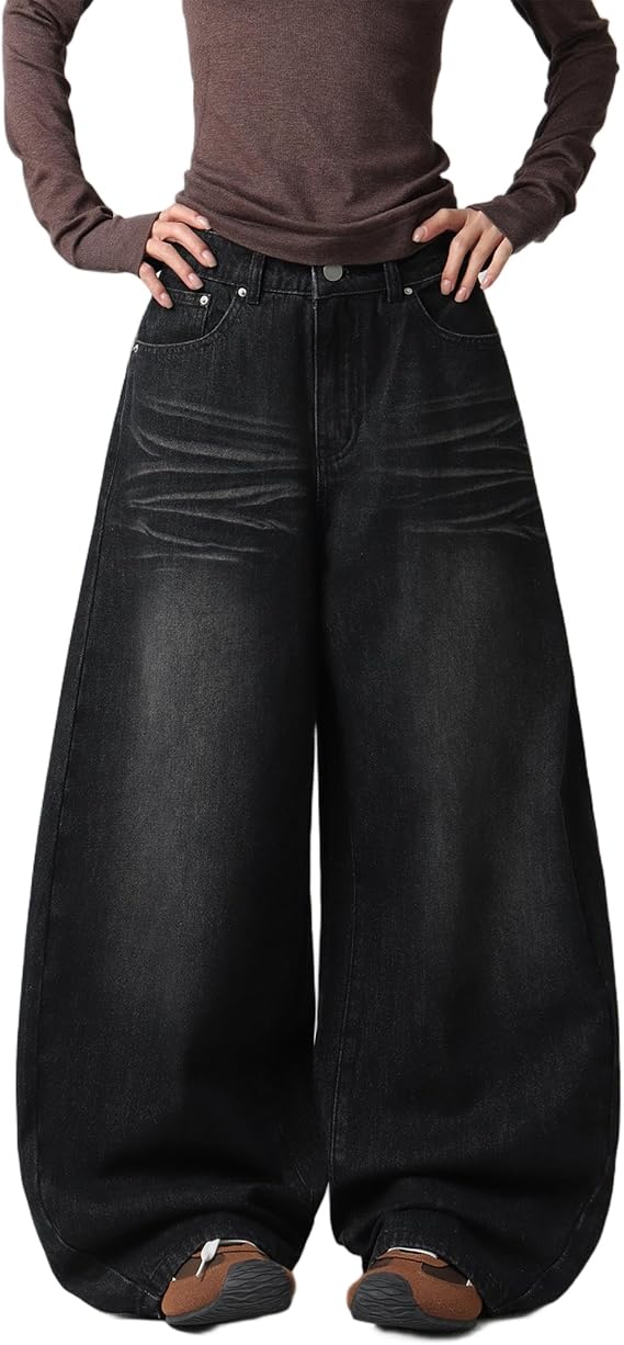 Baggy Women’s Wide Leg Jeans High Waisted Baggy Denim Pants Loose Fit Y2K Graphic Jeans Black