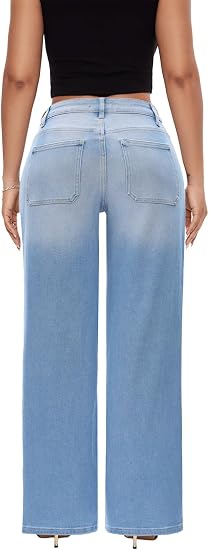 Mid-Low Rise Baggy Jeans Wide Leg for Women Distressed Pants Stretchy Bottom Lady Basic Comfortable Denim