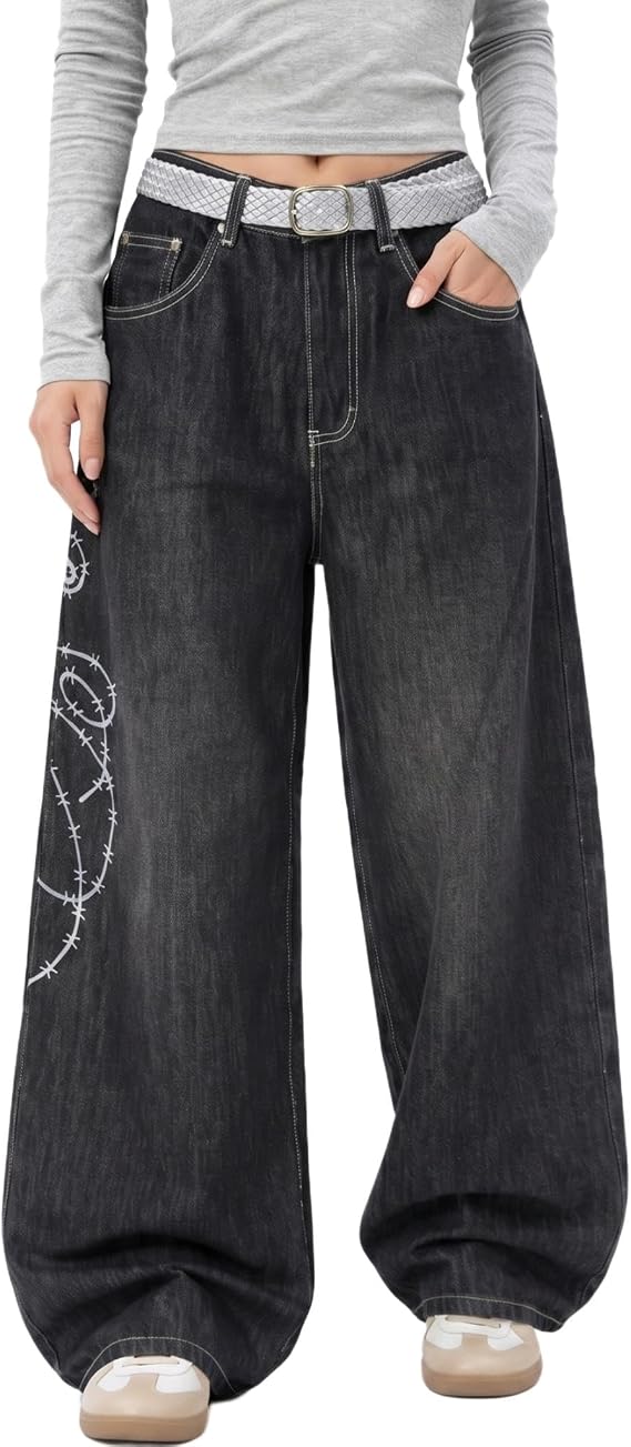 Baggy Women’s Wide Leg Jeans High Waisted Baggy Denim Pants Loose Fit Y2K Graphic Jeans Black