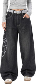 Baggy Women’s Wide Leg Jeans High Waisted Baggy Denim Pants Loose Fit Y2K Graphic Jeans Black