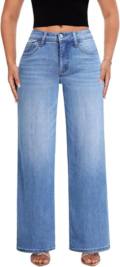 Mid-Low Rise Baggy Jeans Wide Leg for Women Distressed Pants Stretchy Bottom Lady Basic Comfortable Denim