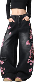 Baggy Women’s Wide Leg Jeans High Waisted Baggy Denim Pants Loose Fit Y2K Graphic Jeans Black
