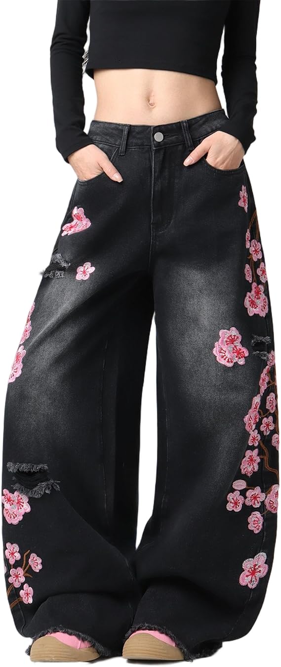 Baggy Women’s Wide Leg Jeans High Waisted Baggy Denim Pants Loose Fit Y2K Graphic Jeans Black