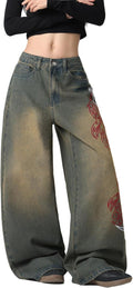 Baggy Women’s Wide Leg Jeans High Waisted Baggy Denim Pants Loose Fit Y2K Graphic Jeans Black